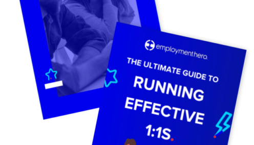 The first cover is titled "OKRs: Objectives and Key Results" showing a photo of a team discussing objectives. The second cover is titled "The Ultimate Guide to Running Effective 1:1s"