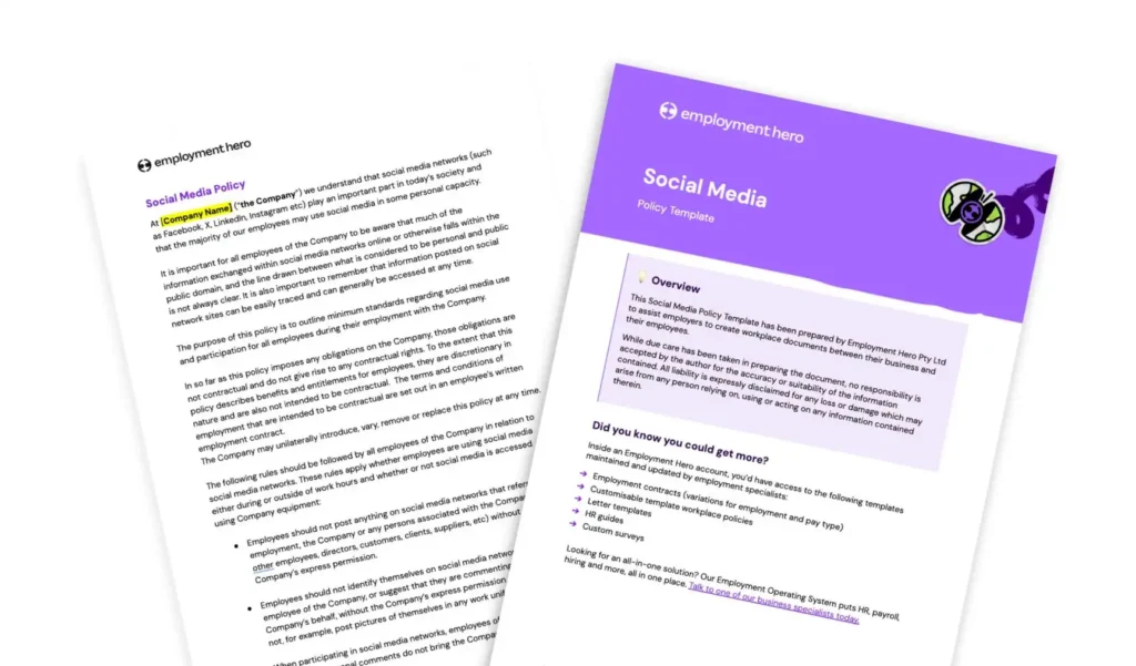 Alt text: "Two social media policy documents from Employment Hero on a white background. The left document is text-heavy, while the right features a purple header with decorative graphics, including a plant icon. The tone is professional and informative."