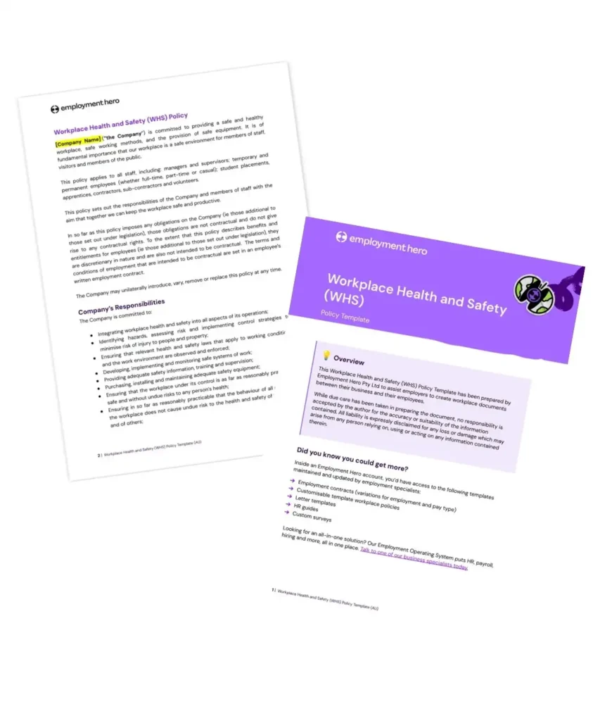 Two documents about Workplace Health and Safety (WHS). The left shows detailed policy text. The right features a purple header with an icon and "Overview" section.