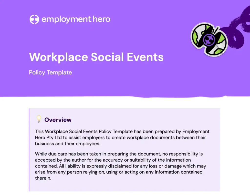 Purple-themed "Employment Hero" workplace social events policy template. Includes an overview disclaimer, with a decorative abstract grape icon on the top right.