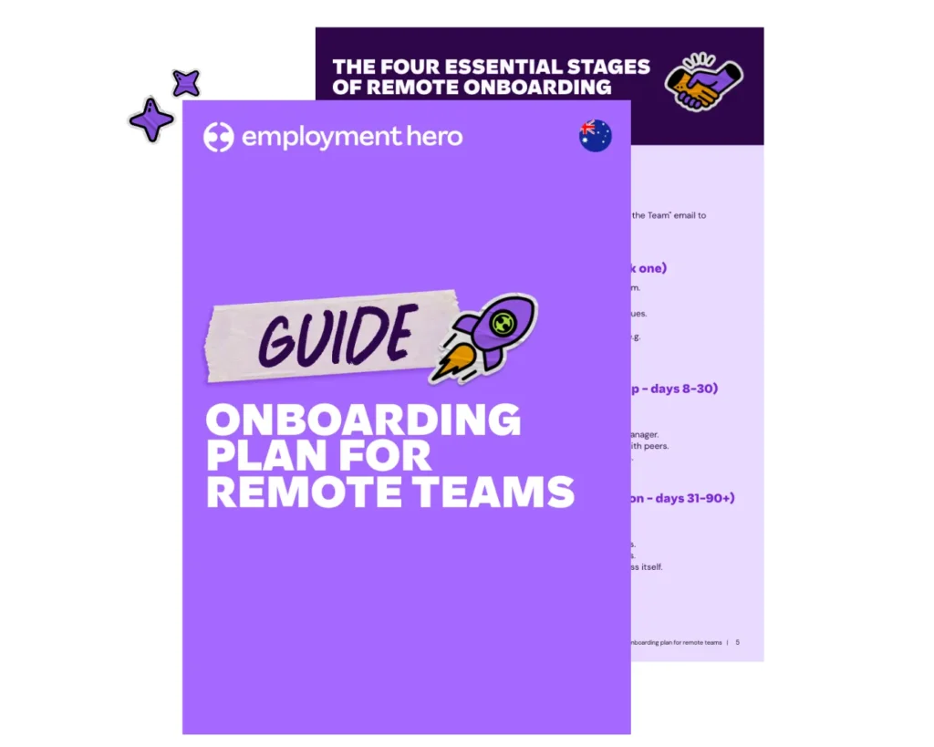 Preview of the Employment Hero guide and template for a remote employee onboarding plan, featuring a checklist of essential stages for new hires.