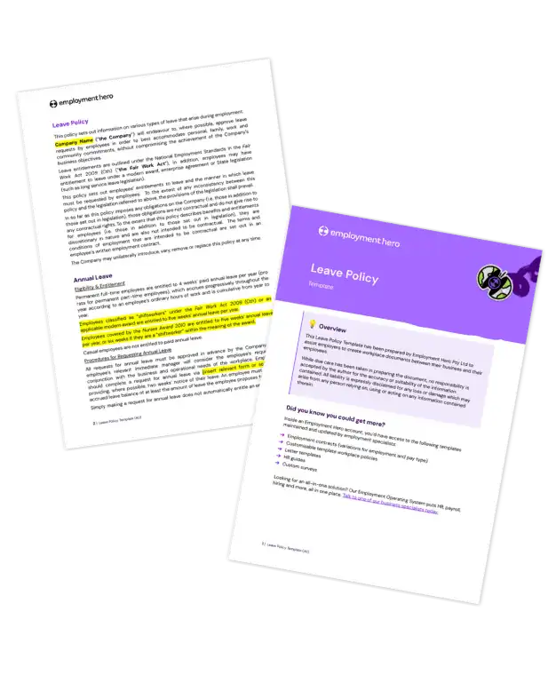 Two documents titled "Leave Policy" by Employment Hero. The first is white with text and highlighted sections. The second is purple with illustrations.
