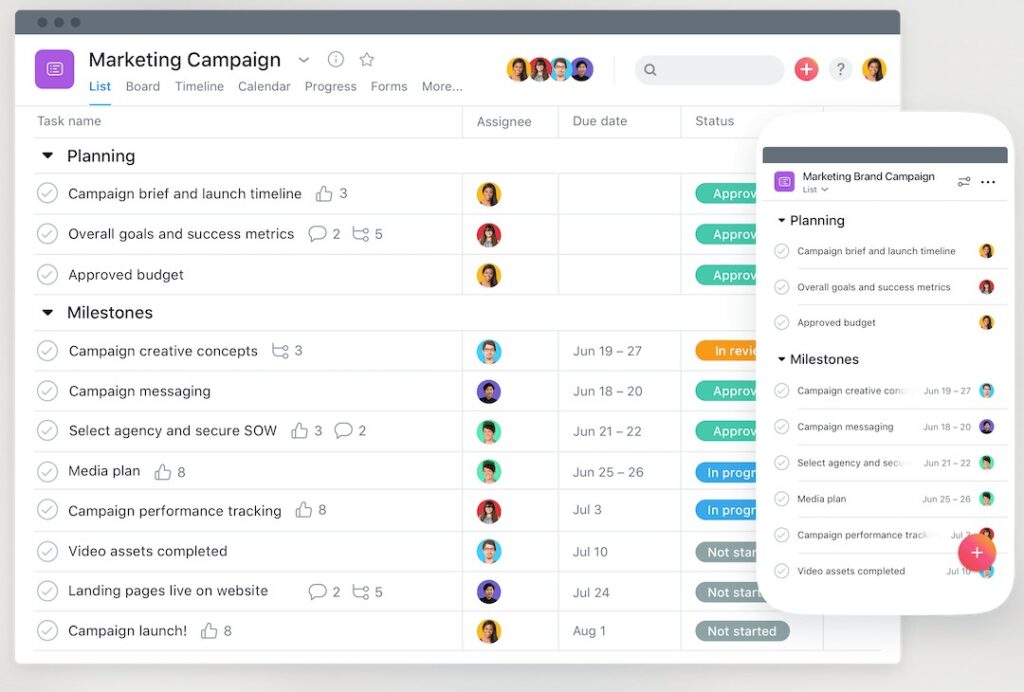 Remote working project management tool Asana