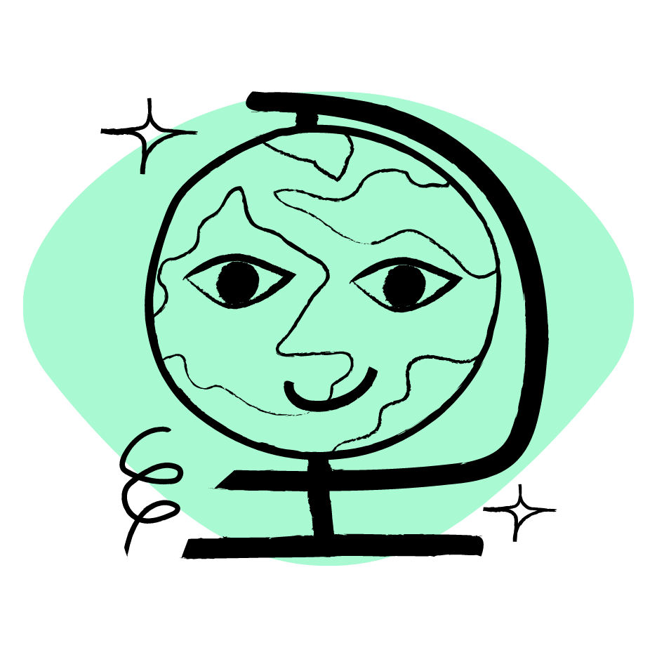 Graphic of a smiling globe with sparkles surrounding it