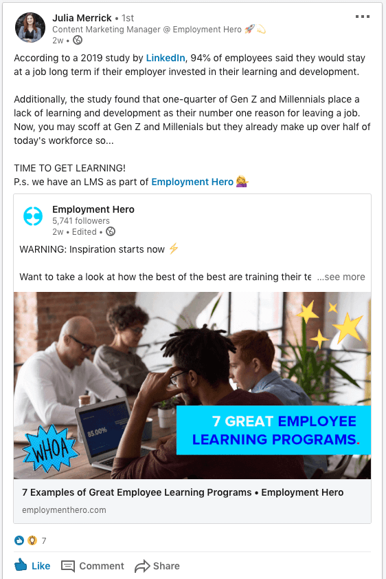 Employee advocacy example - LinkedIn post from Julia