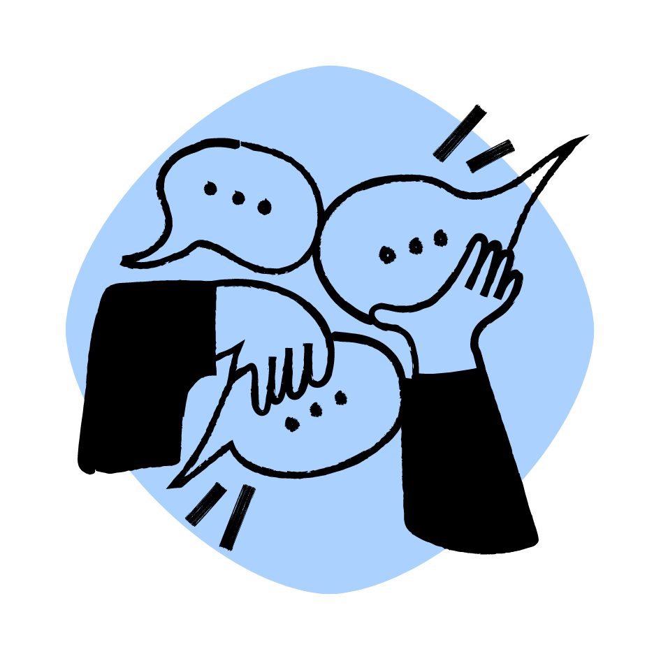 An illustration in light blue featuring three speech bubbles, representing communication and engagement between people