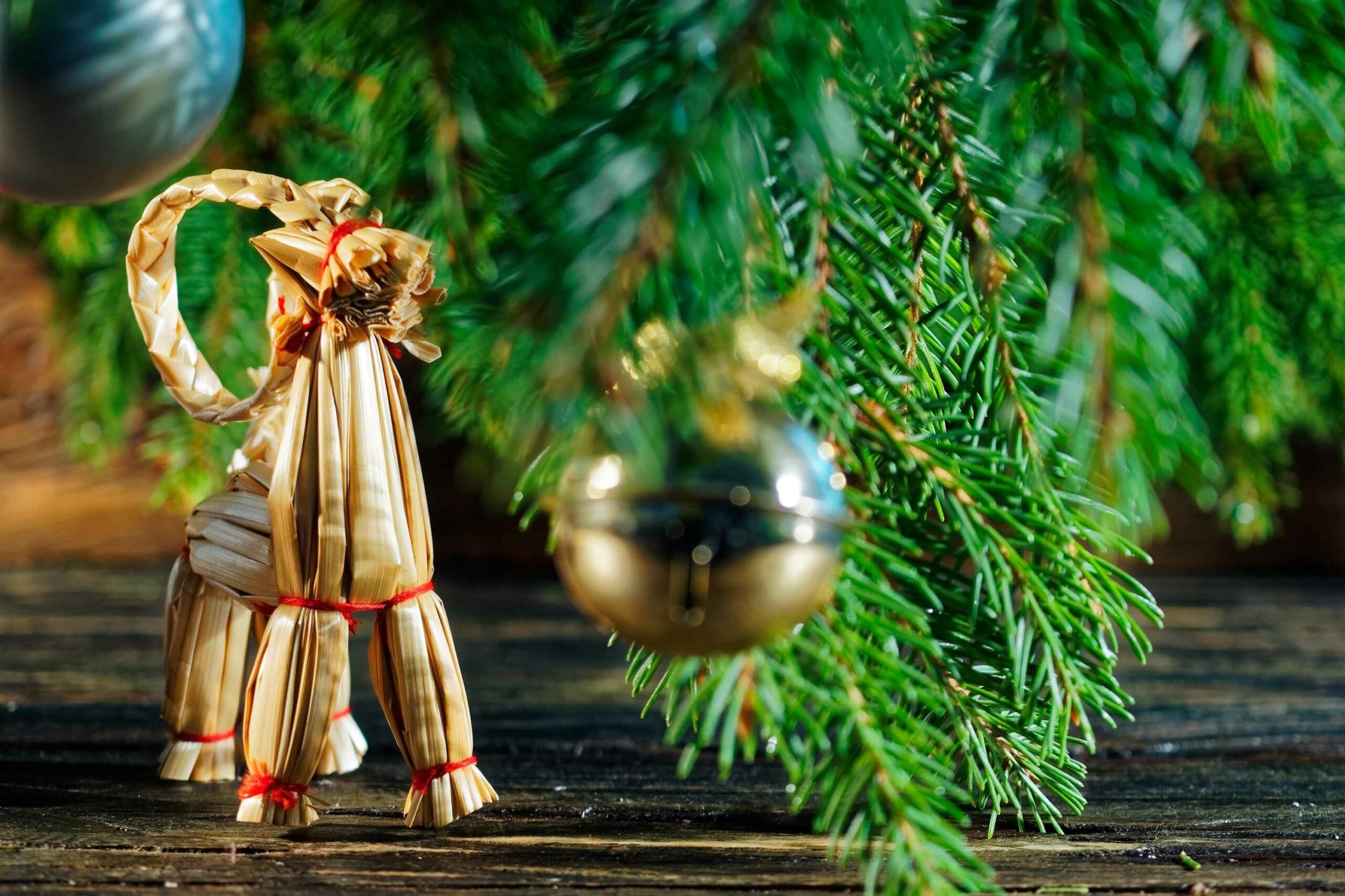 Gavle Goat or Yule Goat standing at the base of a Christmas Tree