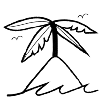 An illustration of a palm tree atop a hill surrounded by water