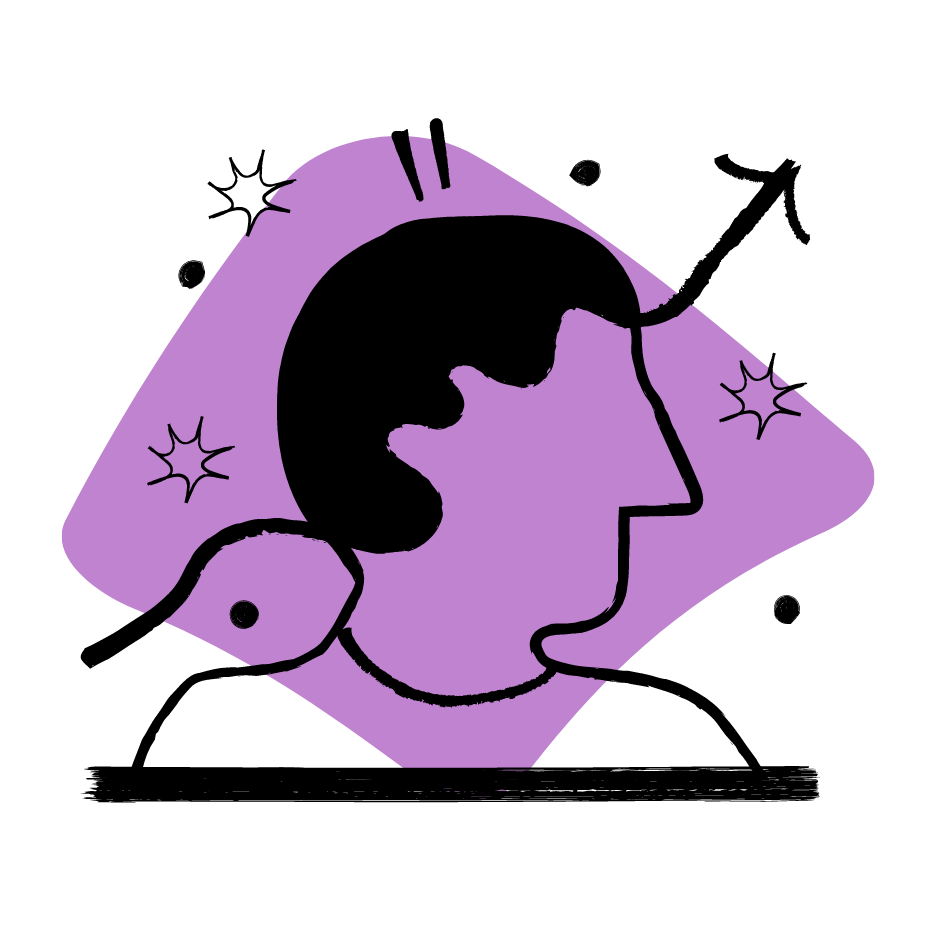 Illustration of a person with an arrow from the head, surrounded by sparkles.