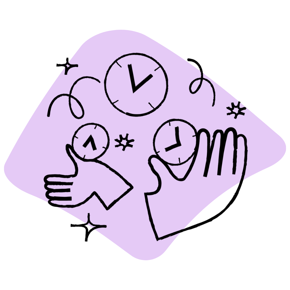 Graphics of two hands holding clocks with sparkles and squiggles around