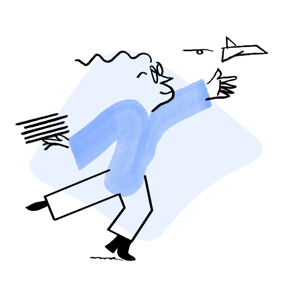 An illustration of Quinn, leaning forward and setting a paper plane in motion