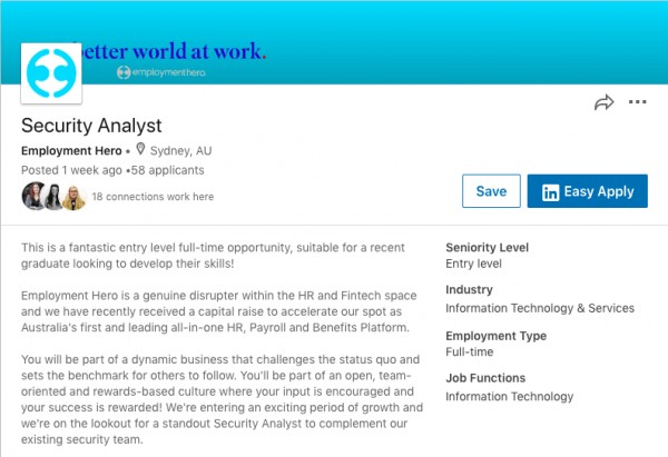 Job ad for a Security Analyst at Employment Hero 