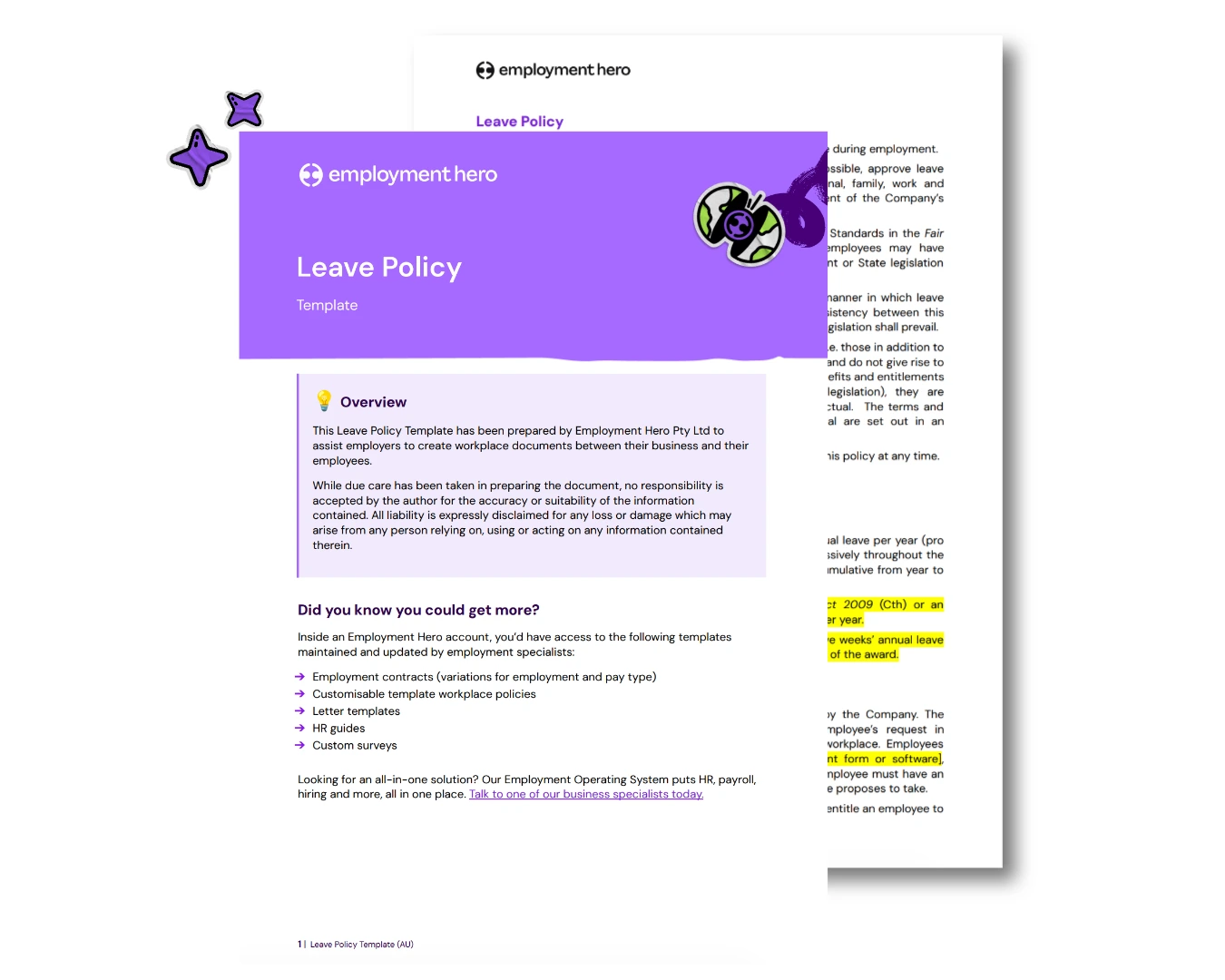 A preview of a leave policy template document by Employment Hero outlining workplace guidelines, entitlements, and HR resource options.
