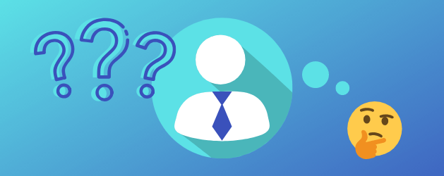 An illustration showing a person icon with a tie in a blue circle, surrounded by question marks and a thinking emoji