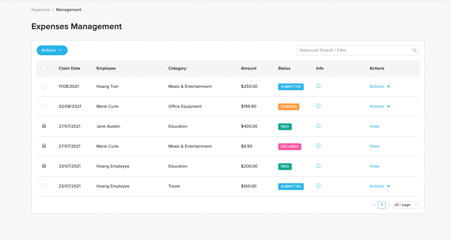 Screenshot of Expense Management