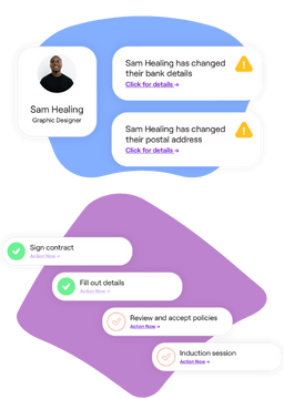 This image displays a digital HR interface featuring a profile of "Sam Healing," a Graphic Designer, alongside notifications about changes to their bank and postal details, marked with warning icons. Below, a task progress tracker includes steps such as "Sign contract," "Fill out details," "Review and accept policies," and "Induction session," each marked with a green check or progress icon. The layout is modern and vibrant, with blue and purple background accents adding a polished, engaging look.