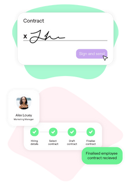 Two widgets showing a table view of employee details and a set of notification cards alerting that the new payslip is ready
