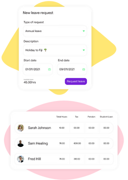 An interface with a new leave request form on the top, featuring details such as type of request, description, start and end dates, and available days