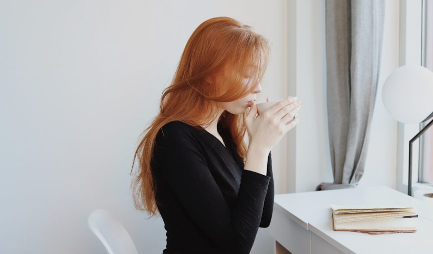 self care workplace - woman drinking tea