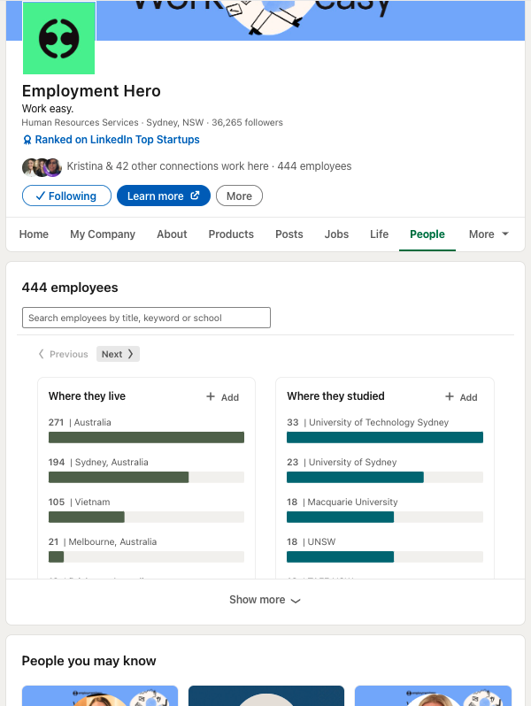 Employment Hero's 'People' section. 