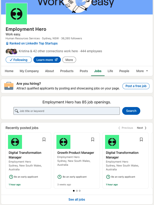 Employment Hero's 'Jobs' section.