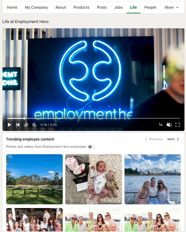 Employment Hero’s ‘Life’ page, featuring a video from our team and some employee content (with plenty of pics from our latest team get-together). 