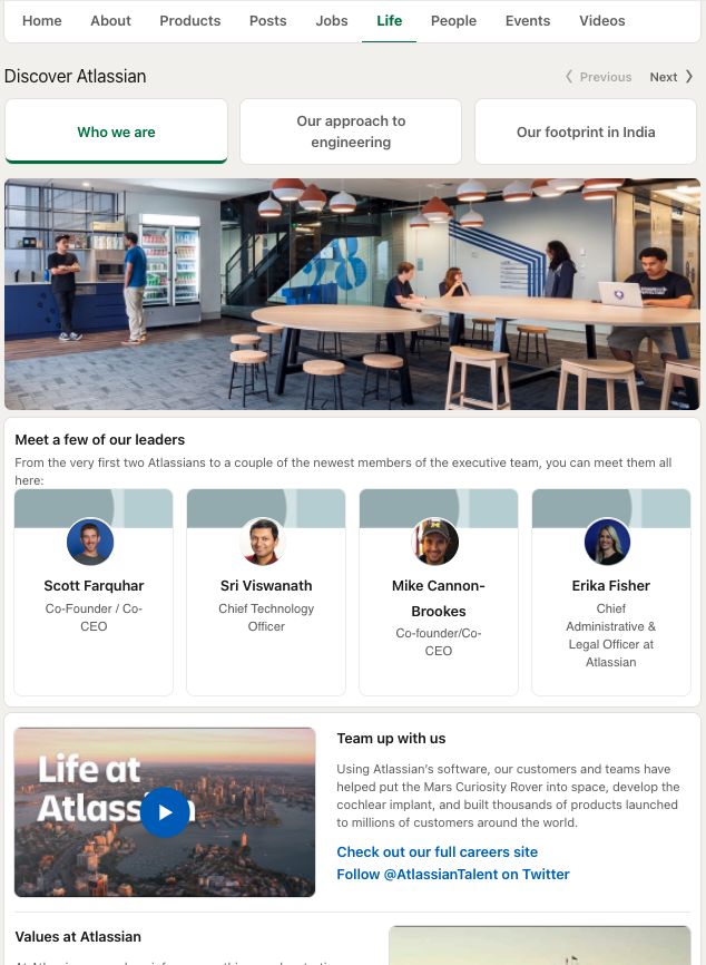 Atlassian's 'Life' page on LinkedIn.