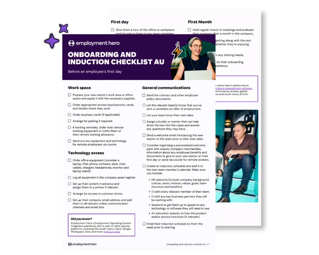 A document titled Onboarding and Induction Checklist AU displaying tasks for workspace, technology, and communications.