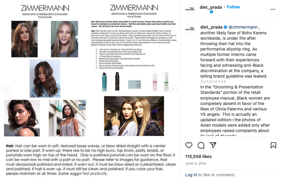 Diet Prada’s Instagram post about Zimmerman’s retail employee guide. 