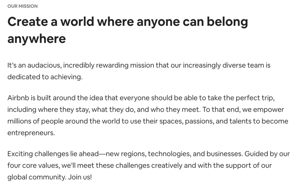 Screenshot of AirBnb's mission