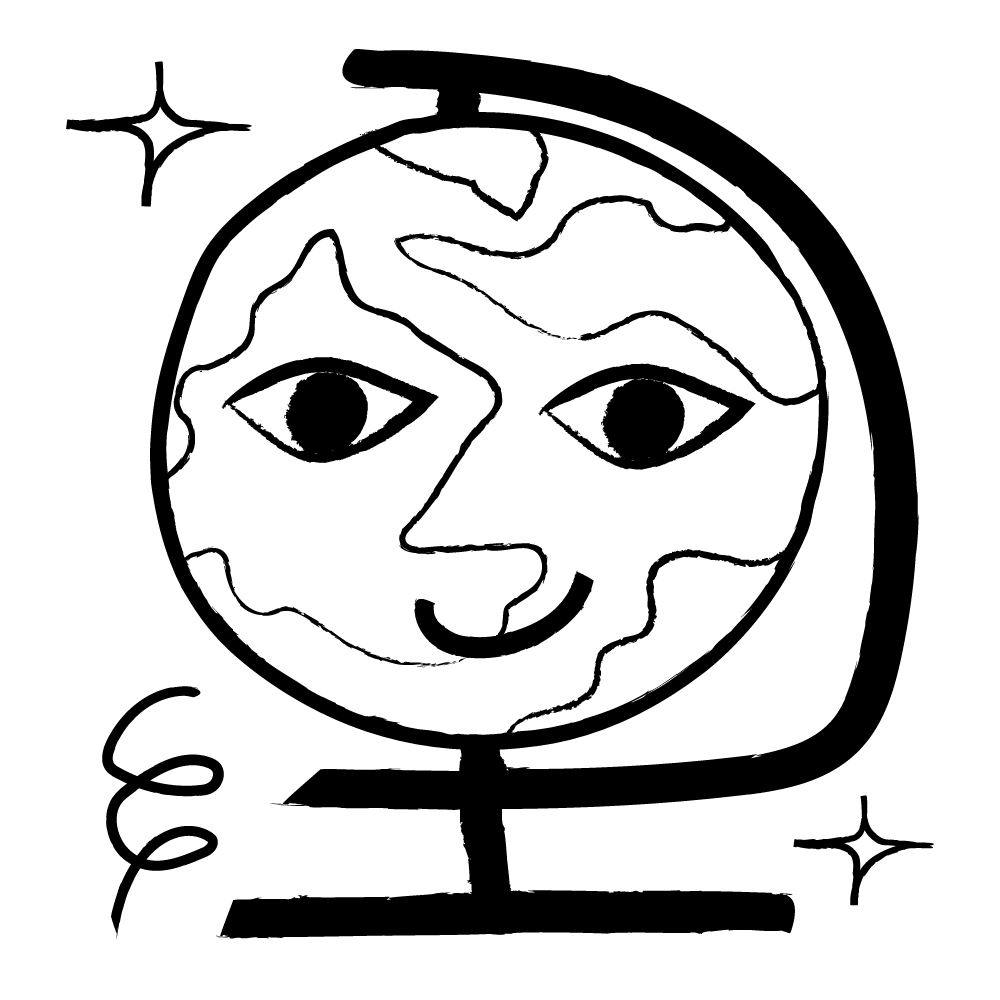 Graphic of a smiling globe with sparkles around