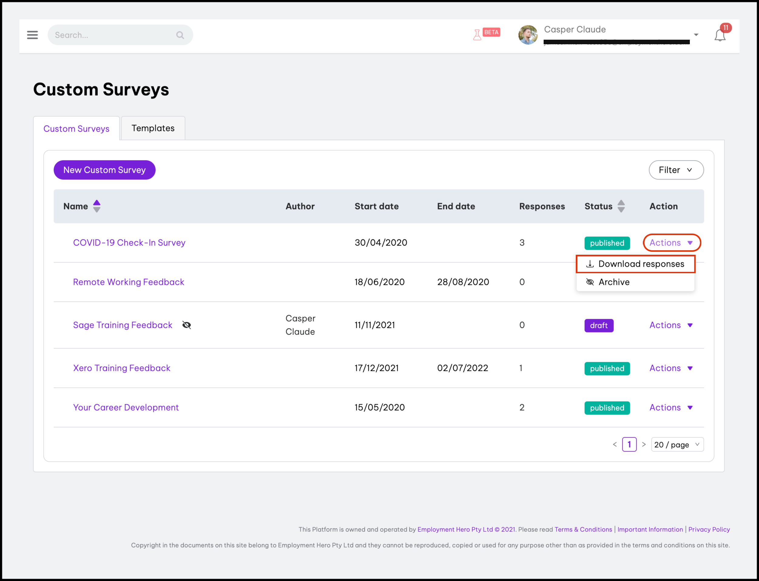 A screenshot of the Employment Hero app showing multiple surveys live, with the option to download the results