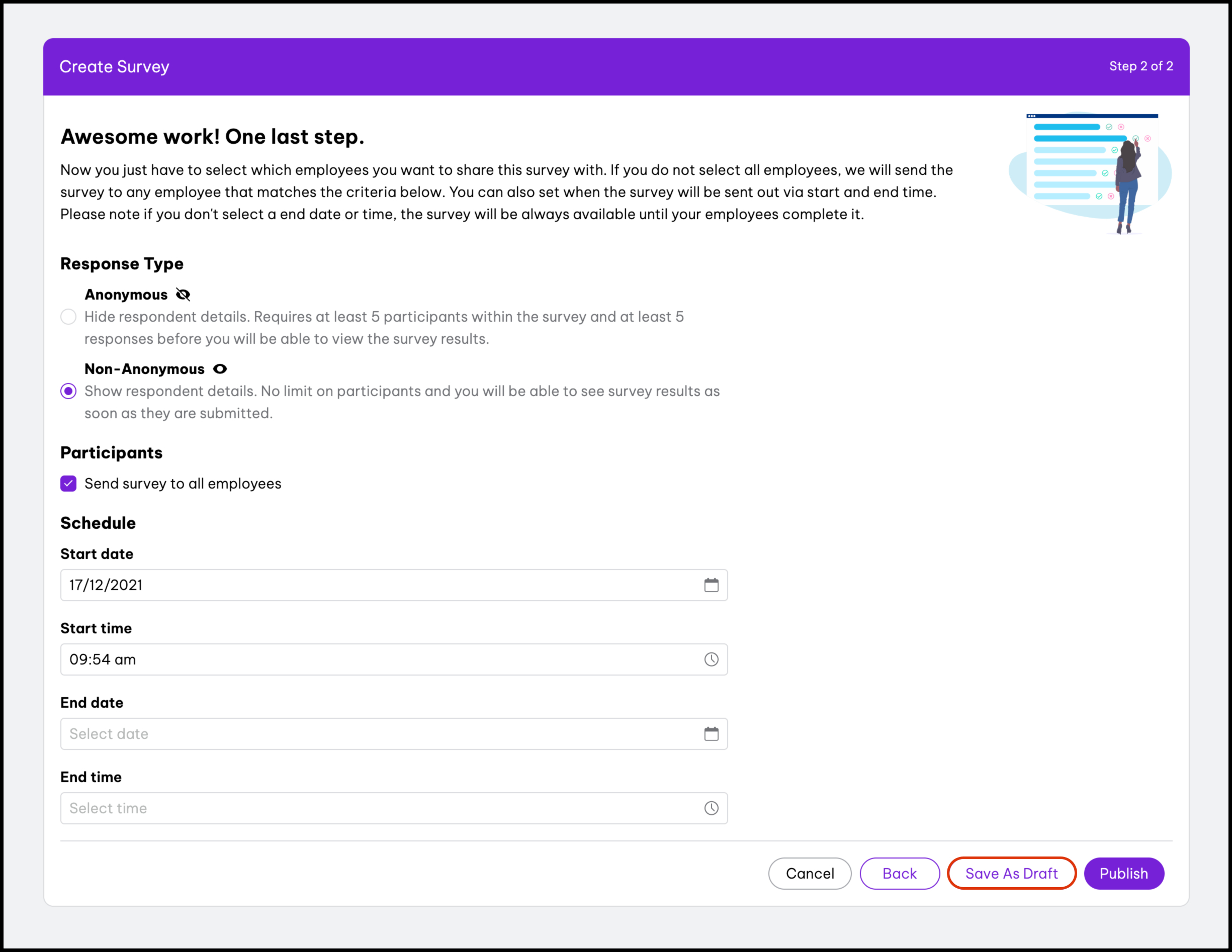 A screenshot of the Employment Hero app showing how someone creating a survey can choose to send it out and have it open over a specific period of time