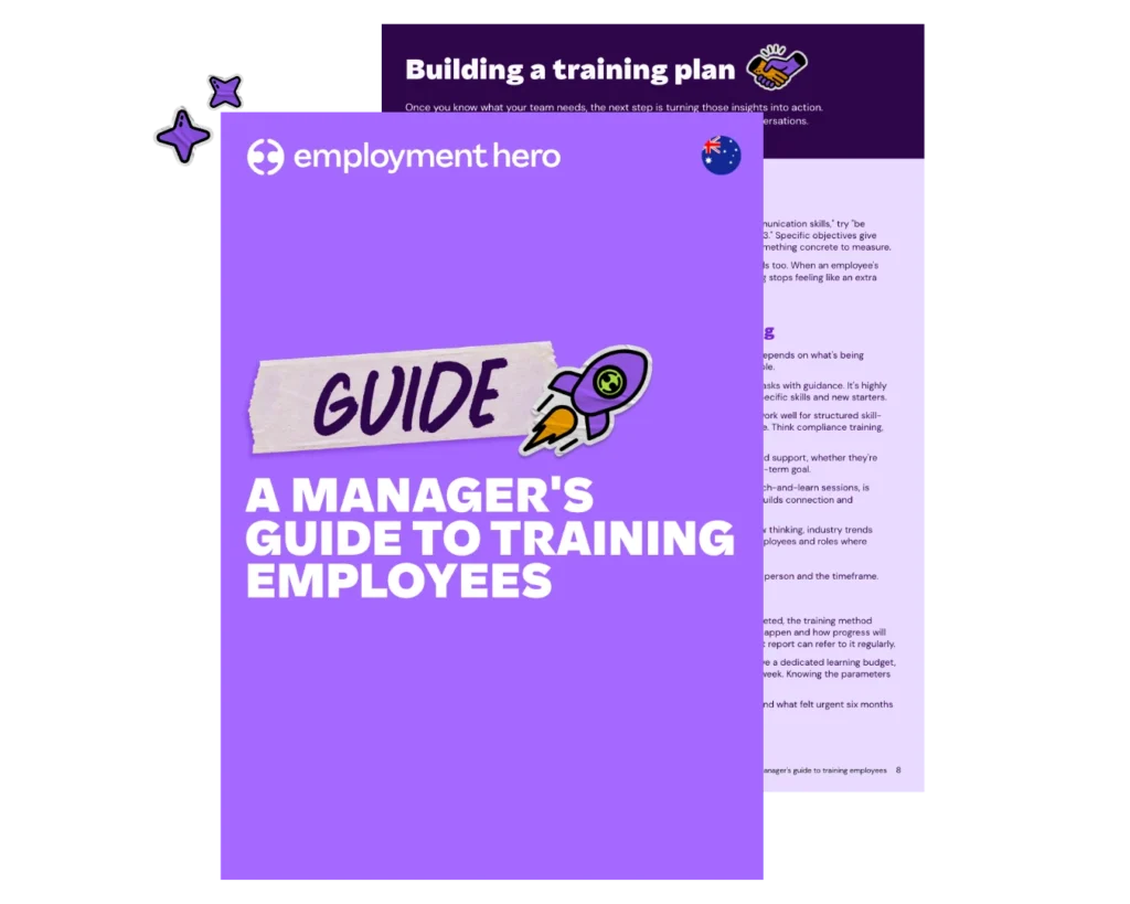 A purple Employment Hero guide titled "A Manager's Guide to Training Employees" designed for Australian business leaders.