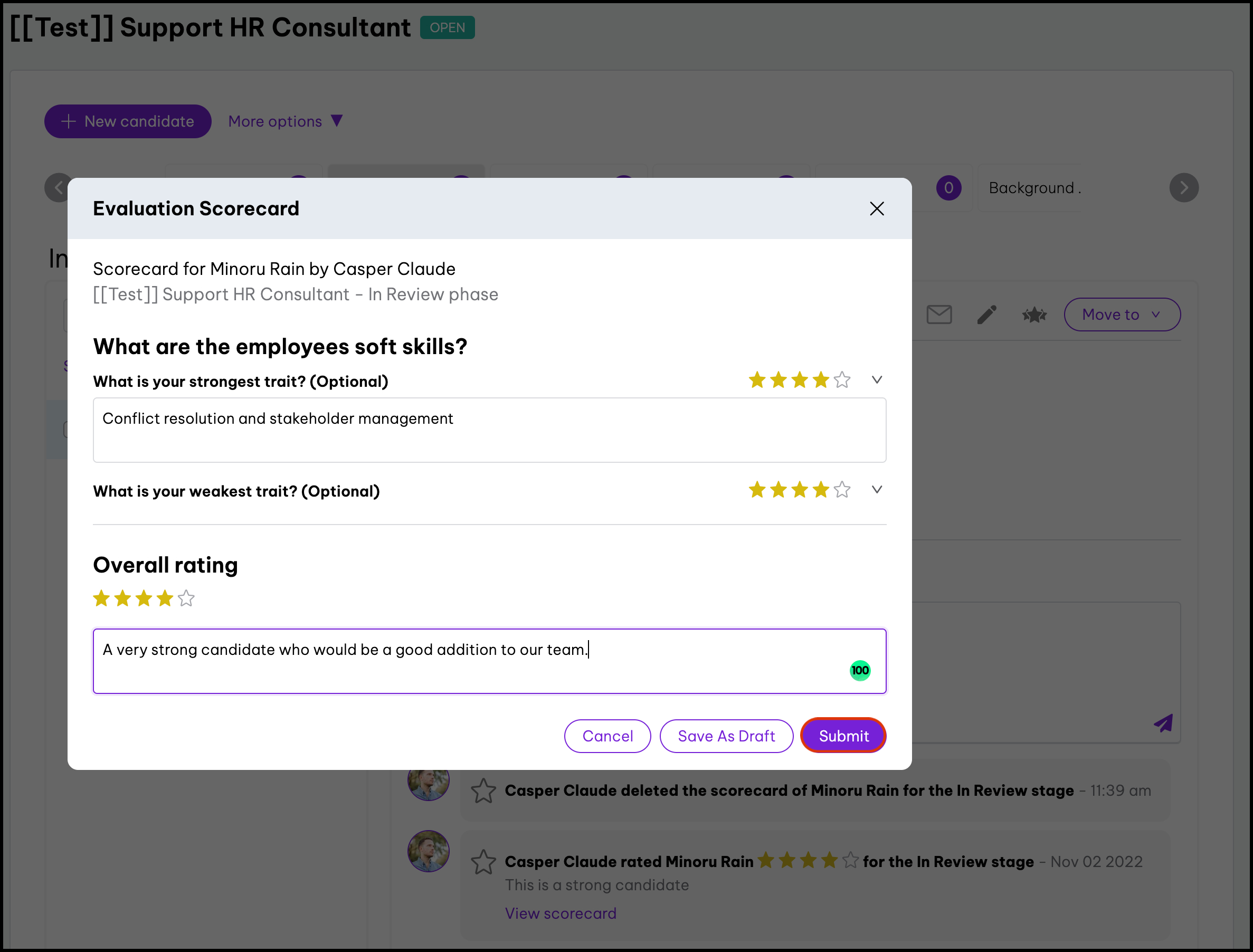 Screenshot of Interview Scorecard in EH platform