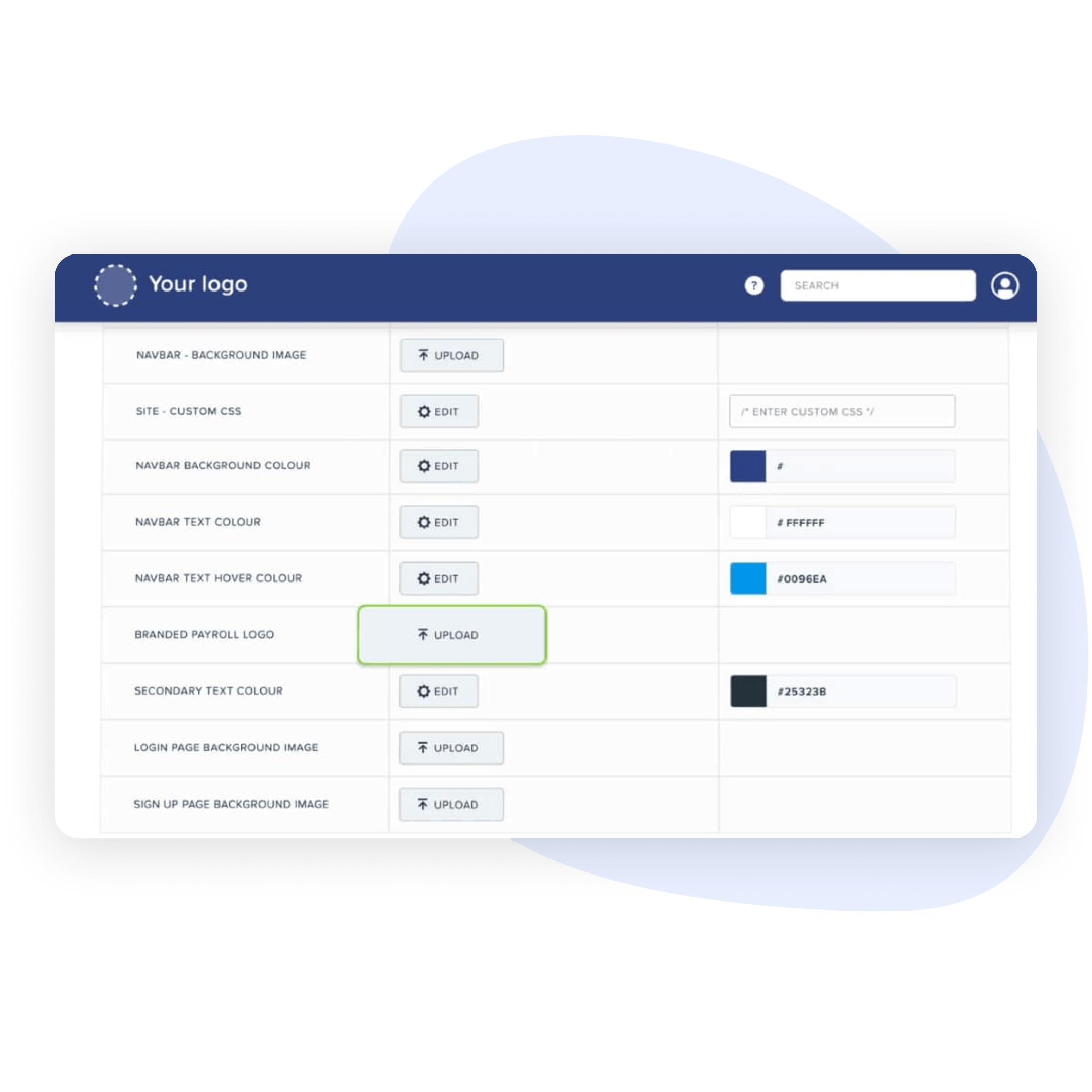 A screenshot of a customization interface with options to upload images and adjust colors for a user interface, such as logo and text colors.