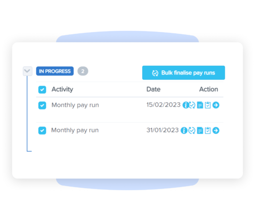 Payroll management dashboard showing multiple monthly pay runs in progress with options to finalize, edit, or view details in bulk
