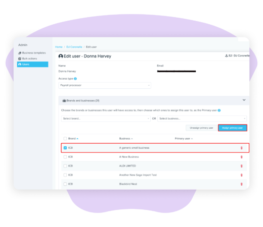 User management screen showing the process of editing a payroll processor's access rights, with a list of businesses and options to manage roles highlighted