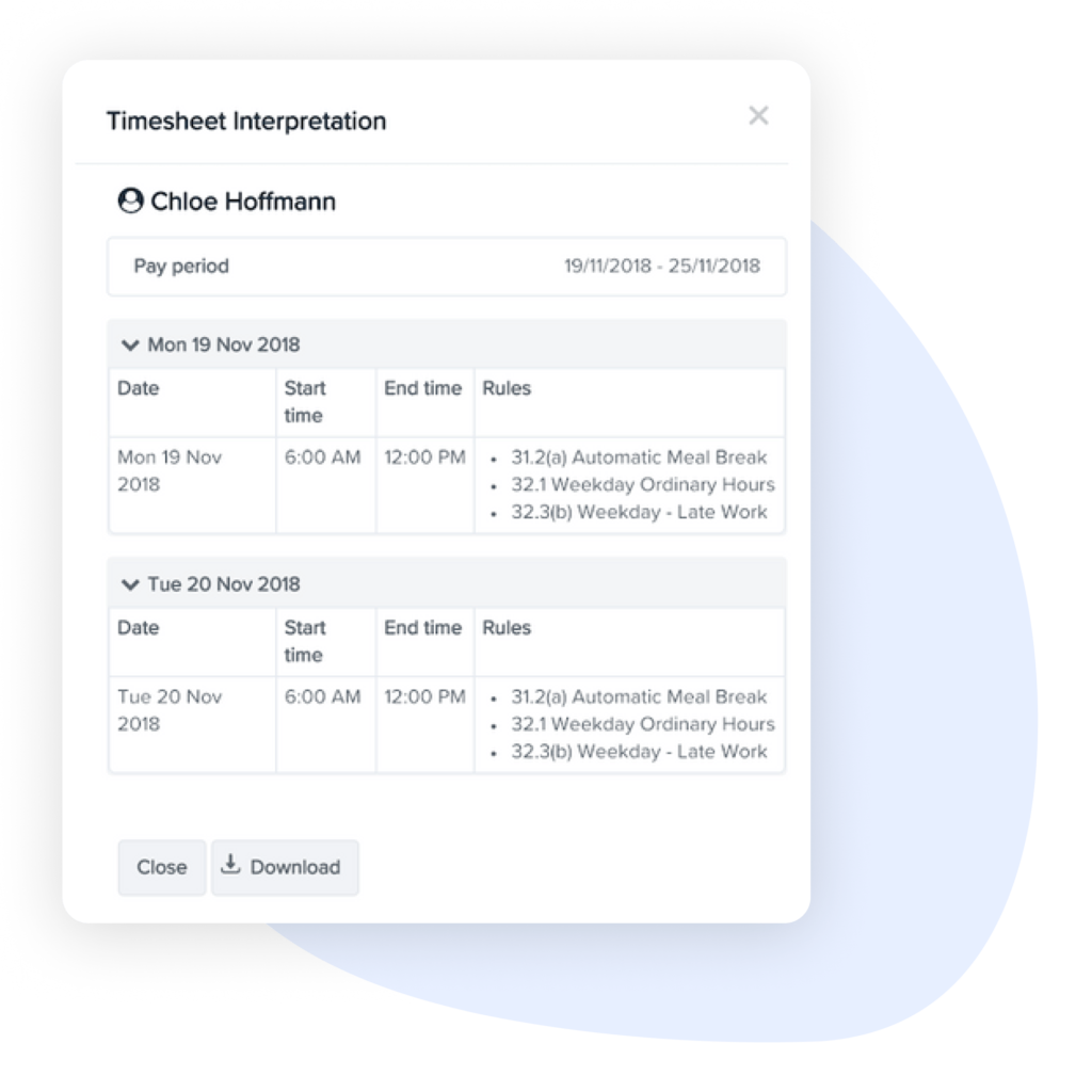 A screenshot of the "Timesheet Interpretation" interface displaying detailed timesheet data for an employee, including date, start and end times, and applied rules for each workday.