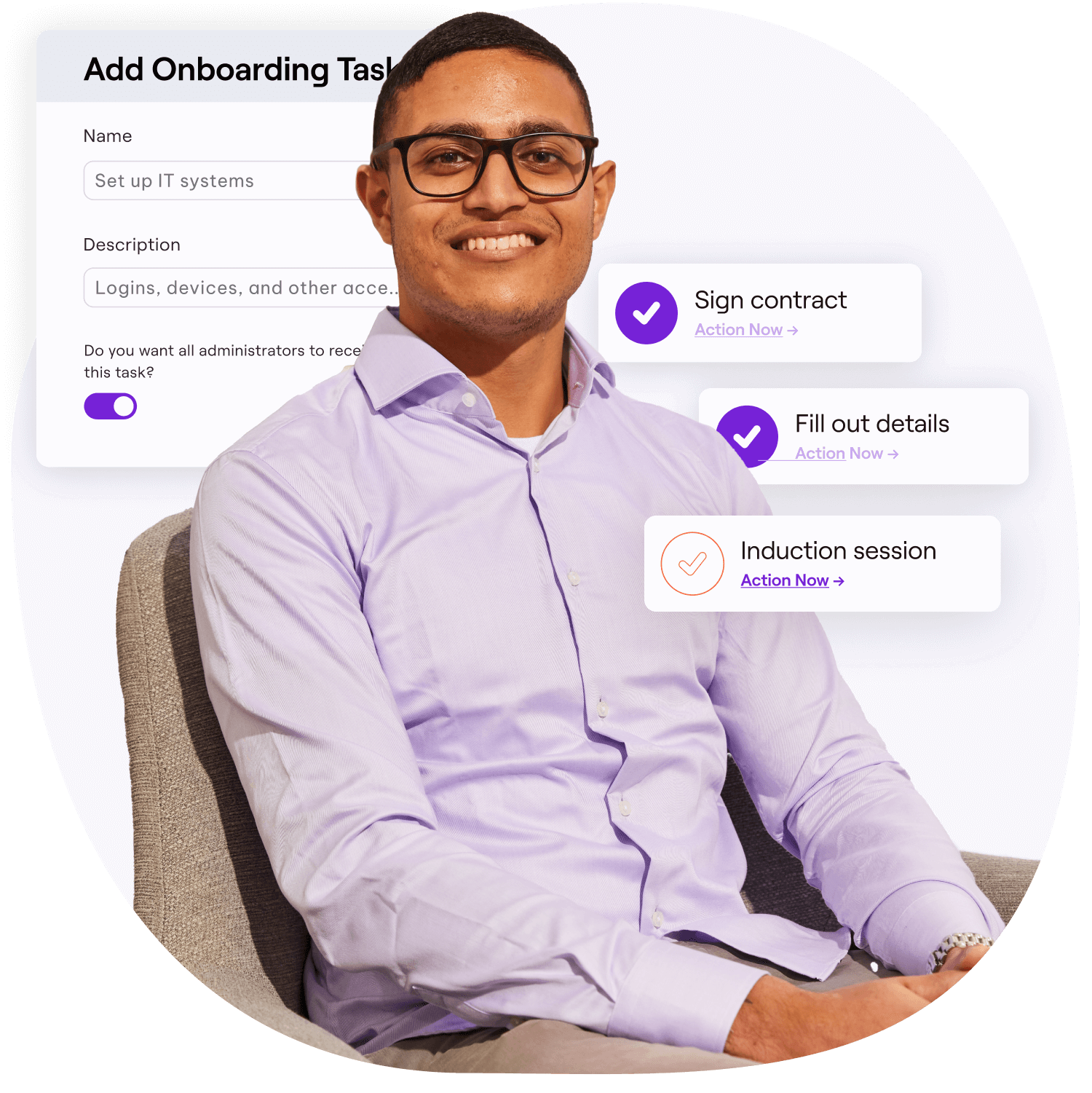 A graphic featuring a man sitting and smiling, with UI elements showing onboarding tasks such as signing a contract