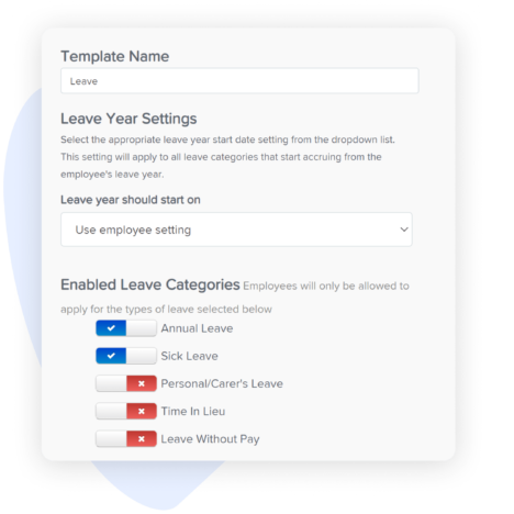 Screenshot of a leave settings template form