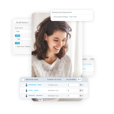 A smiling woman overlaid with digital elements like pay rate adjustments and employment agreement settings, symbolizing streamlined payroll and employment management