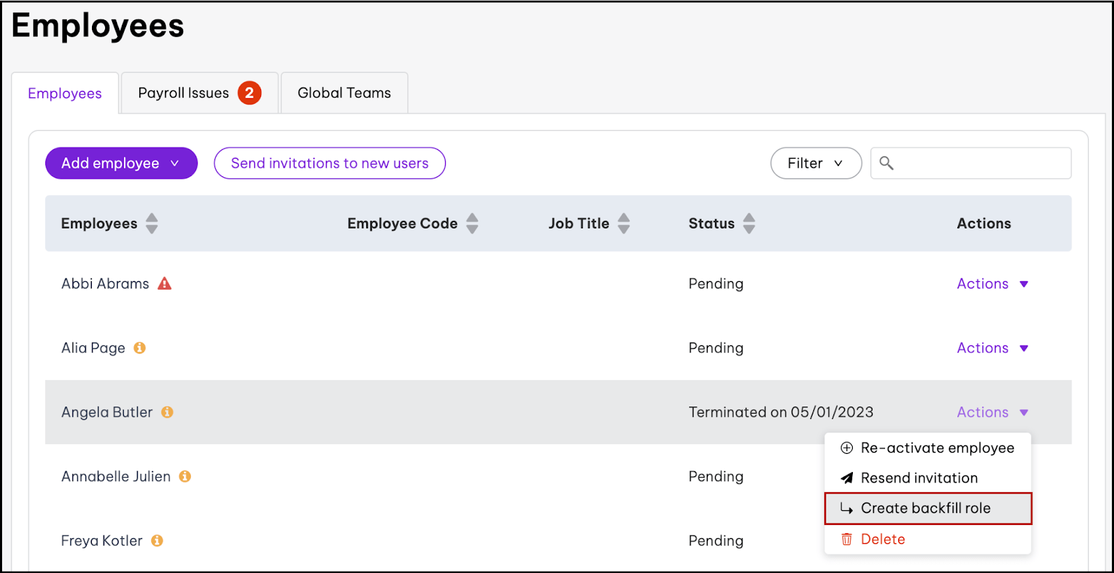 screenshot of create backfill role - Employment Hero