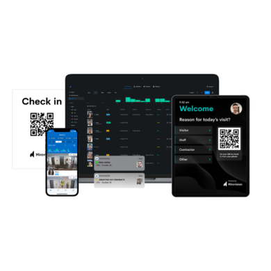 A graphic showing multiple devices including a smartphone, tablet, and laptop displaying various check-in and visitor management screens