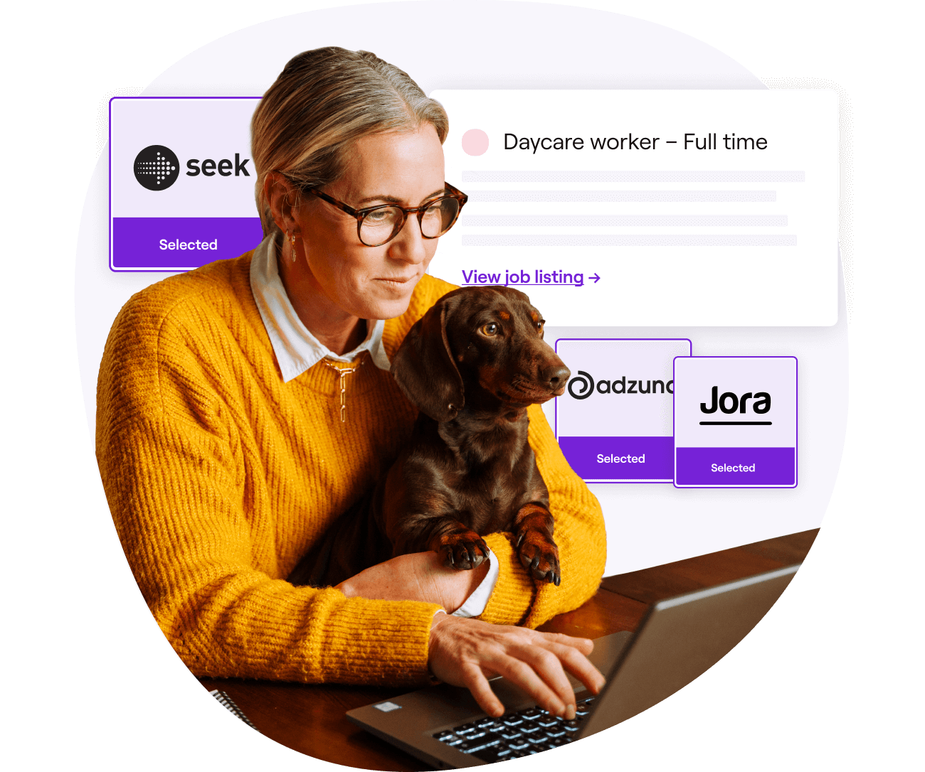 Woman working on a laptop with her dog, surrounded by job listing platforms