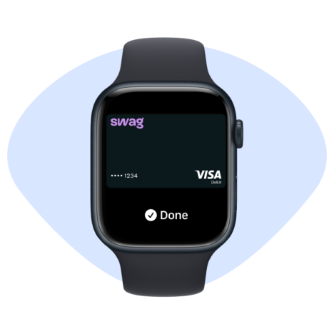 An image of a smartwatch displaying a Swag Visa debit card with a "Done" checkmark