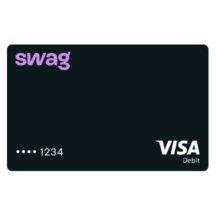 An image of a black VISA debit card with the word "swag" in purple text at the top left corner