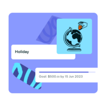 An illustration depicting a savings goal for a holiday, with a globe icon and a target amount of $500 to be reached by June 15, 2023. The design is set against a blue background with graphic elements