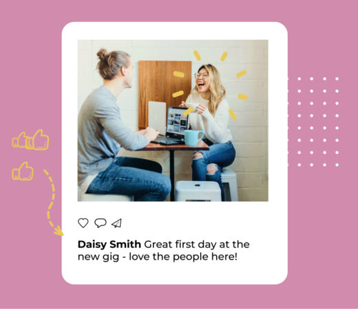 A graphic featuring a social media-style post with a photo of two people laughing and talking at a café