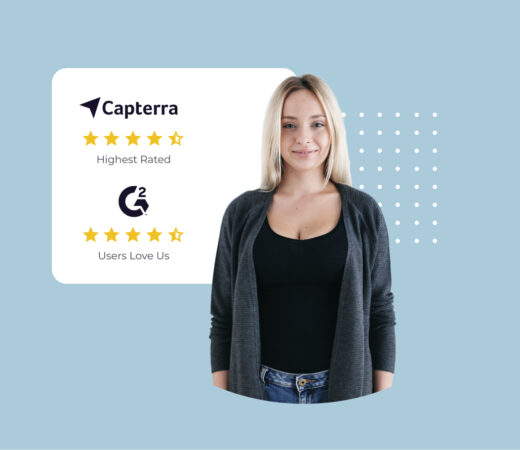 A graphic featuring a woman standing confidently, with a background showcasing ratings from Capterra and G2, indicating "Highest Rated" and "Users Love Us."